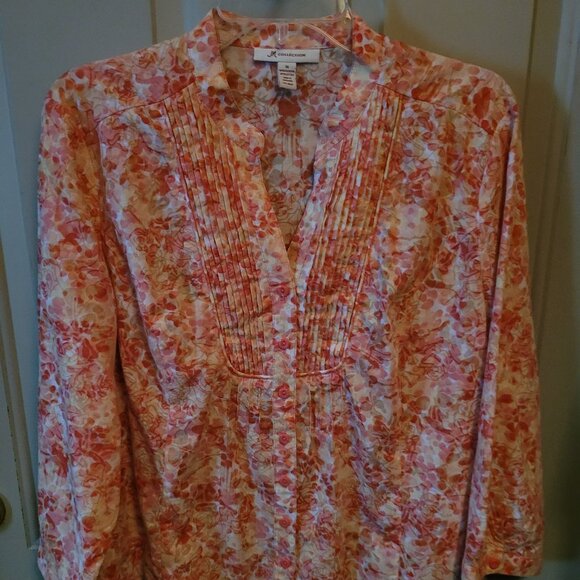 JM Collection Pretty Pink & Orange Floral Pleated Button Down Top Misses 14 - Picture 1 of 5